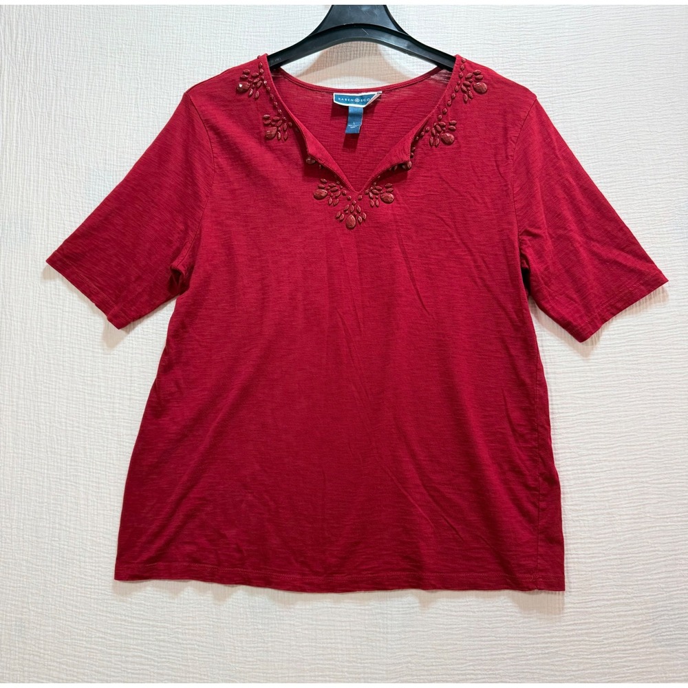 Karen Scott Beaded Split Neck Top Womens Large Red Short Sleeve Cotton Classic